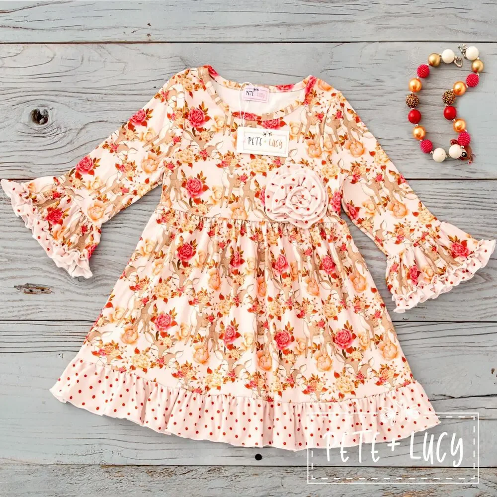 Deer and Roses Ruffle Dress by PETE + LUCY Winter Holiday Girls 10/12 NEW